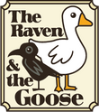Vertical rectangular logo with a raven and goose illustration and the words