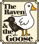 Vertical rectangular logo with a raven and goose illustration and the words