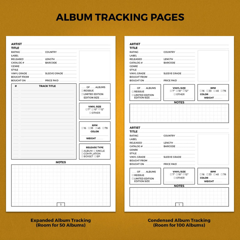 Examples of album tracking pages available in expanded (room for 50 albums) and condensed (room for 100 albums)