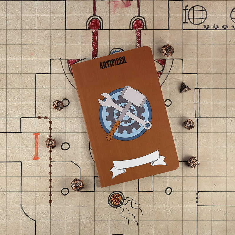 The front cover of a large artificer character notebook with a rusty brown cover and an illustration a hammer and wrench crossing over two gears. The notebook sits on a grid map surrounded by dice.