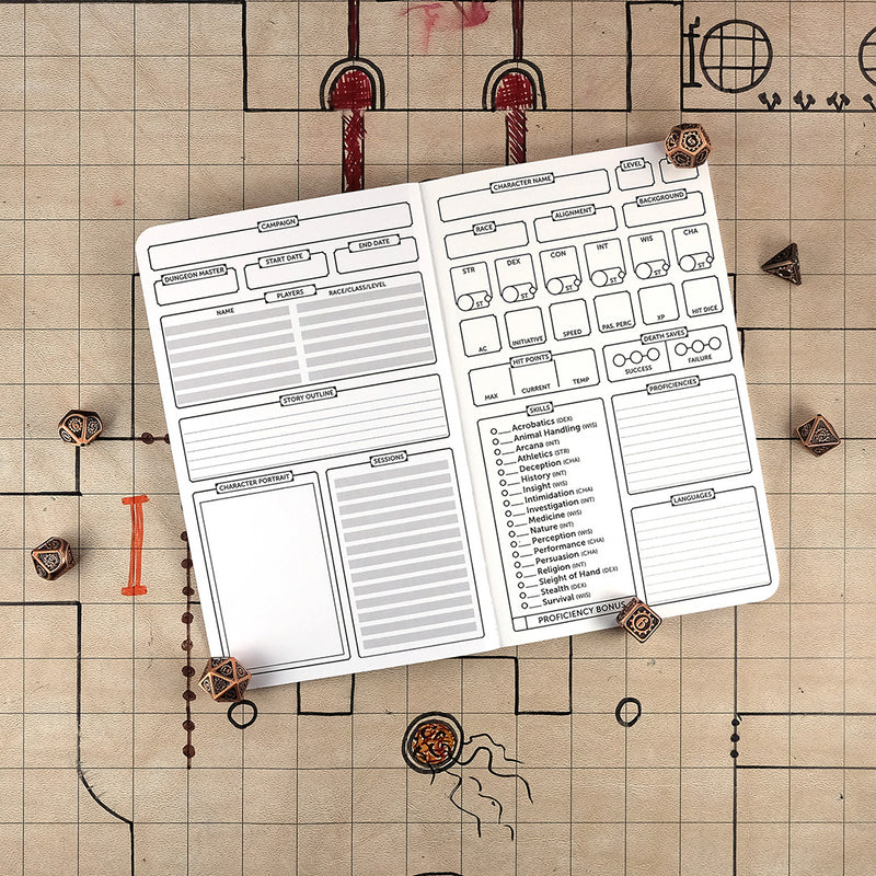 Inside cover and first page of the artificer character notebook with a blank campaign tracking sheet on the left and a blank character sheet on the right. The notebook sits on a grid map surrounded by dice.