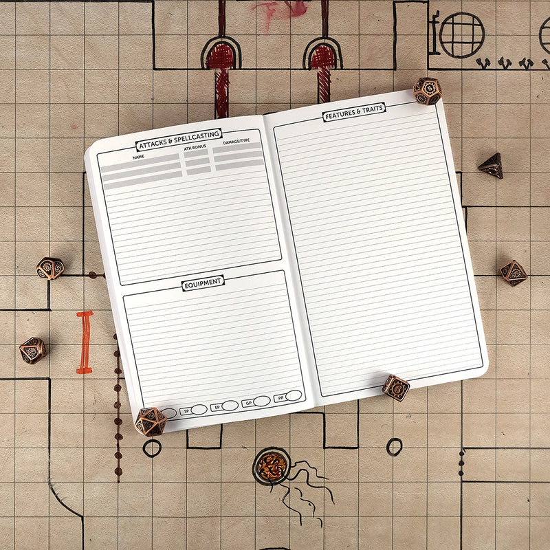 Second and third pages of the artificer character notebook with areas for tracking attacks & spellcasting and equipment on the right and a ruled sheet for features & traits on the right. The notebook sits on a grid map surrounded by dice.