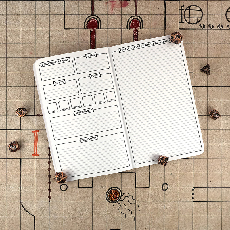 Fourth and fifth pages of the artificer character notebook with further character trait tracking on the left and a sheet for people, places & objects of interest on the right. The notebook sits on a grid map surrounded by dice.