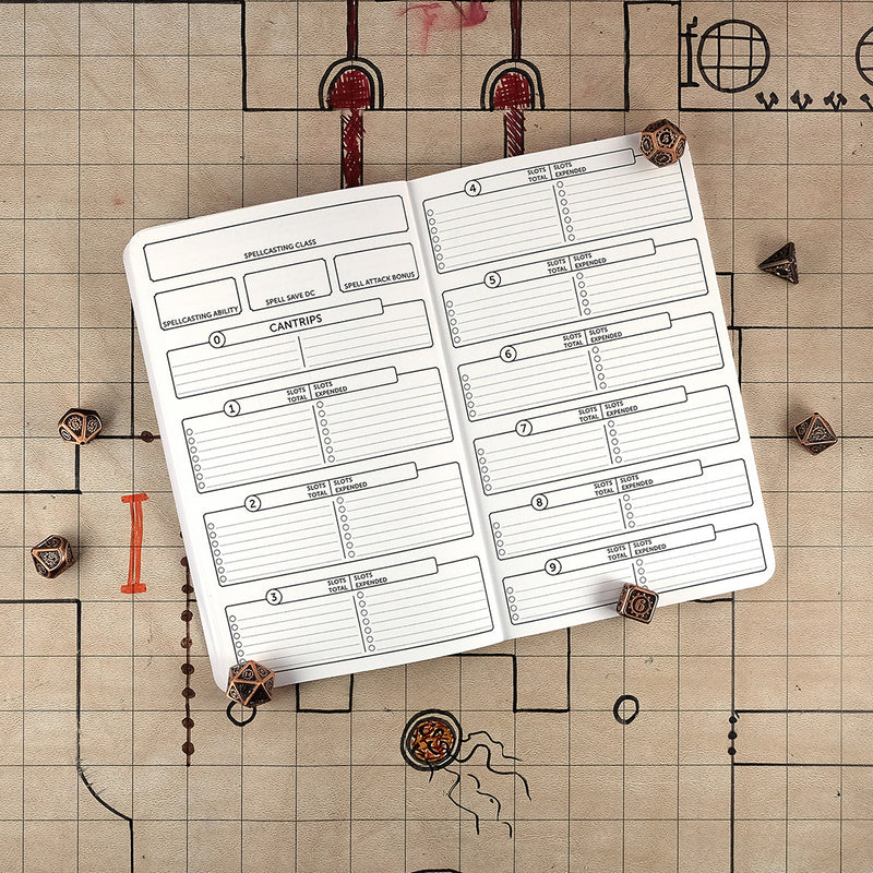 Sixth and seventh pages of the artificer character notebook with blank areas for tracking your characters spells. The notebook sits on a grid map surrounded by dice.