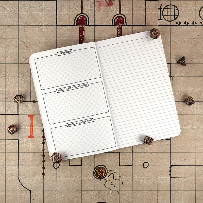 Eighth page of the artificer character notebook with graph sections for infusions, magic item attunement and magical tinkering on the right. On the left is a blank ruled page for note taking. The notebook sits on a grid map surrounded by dice.