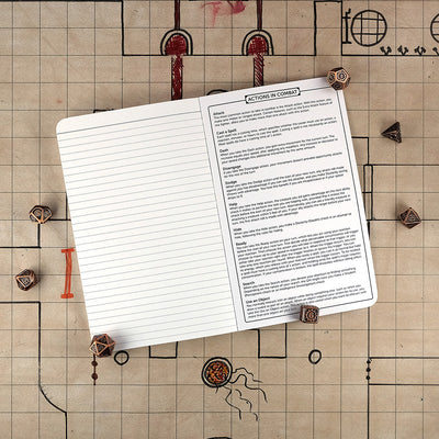 Last page and inside back cover of the artificer character notebook with a ruled page for note taking on the left and a list of actions in combat on the right. The notebook sits on a grid map surrounded by dice.