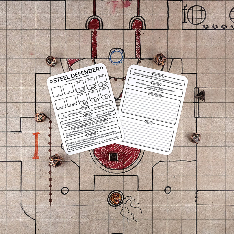 A double sided quarter sheet card with various sections to trak the characteristics of your steel defender. The cards sit on a grid map surrounded by dice.