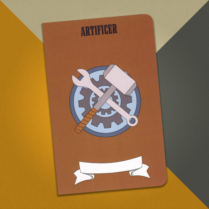 A large artificer character notebook with a rusty brown cover and an illustration a hammer and wrench crossing over two gears on an orange, cream and grey background.