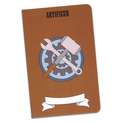 A large artificer character notebook with a rusty brown cover and an illustration a hammer and wrench crossing over two gears on a transparent background.