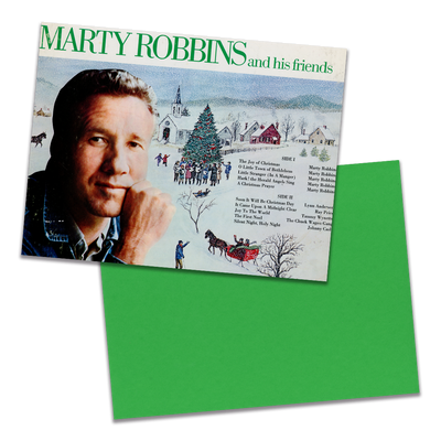 Photo of a 11” x 8.5” notebook cover made from an upcycled Marty Robbins And His Friends "The Joy Of Christmas" album sleeve and the back cover with green cardstock on a transparent background.