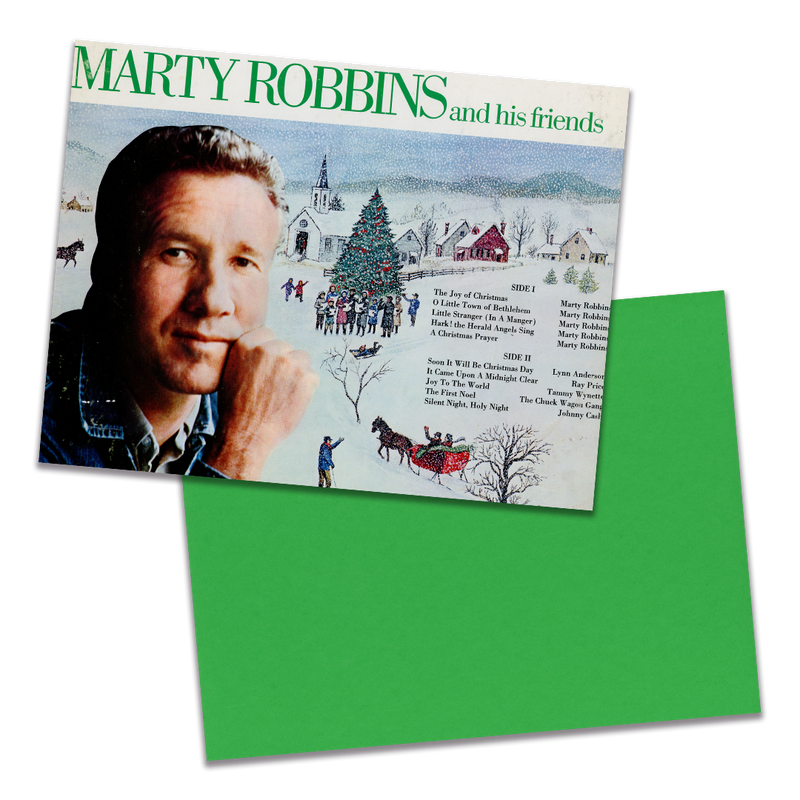 Photo of a 11” x 8.5” notebook cover made from an upcycled Marty Robbins And His Friends "The Joy Of Christmas" album sleeve and the back cover with green cardstock on a transparent background.