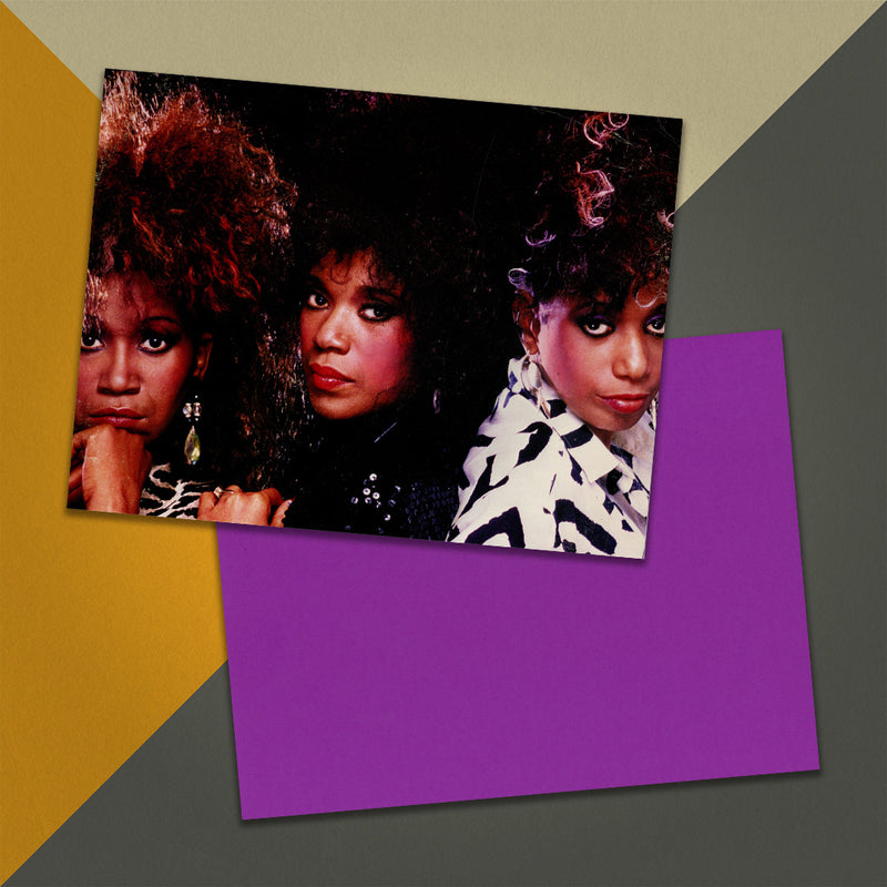 Photo of a 11” x 8.5” notebook cover made from an upcycled Pointer Sisters "Dare Me" album sleeve and the back cover with coral cardstock on an orange, cream and grey background.