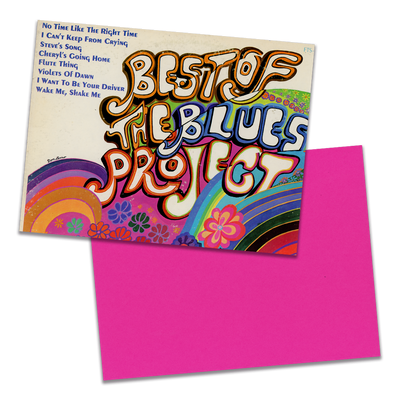 Photo of a 11” x 8.5” notebook cover made from an upcycled The Blues Project "The Best Of The Blues Project" album sleeve and the back cover with bright pink cardstock on a transparent background.