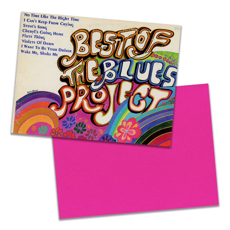 Photo of a 11” x 8.5” notebook cover made from an upcycled The Blues Project "The Best Of The Blues Project" album sleeve and the back cover with bright pink cardstock on a transparent background.