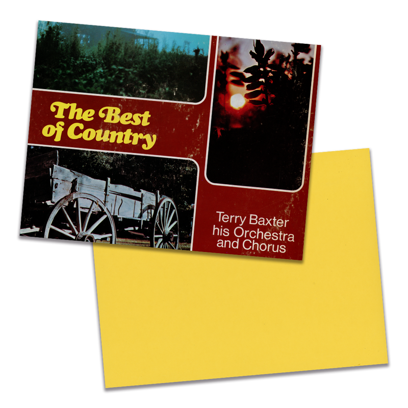 Photo of a 11” x 8.5” notebook cover made from an upcycled Terry Baxter His Orchestra And Chorus "The Best Of Country" album sleeve and the back cover with yellow cardstock on a transparent background.