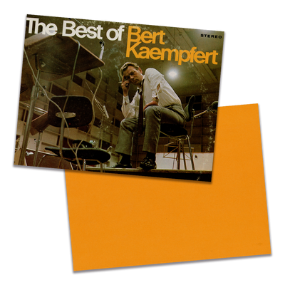 Photo of a 11” x 8.5” notebook cover made from an upcycled Bert Kaempfert "The Best Of Bert Kaempfert" album sleeve and the back cover with orangecardstock on a transparent background.