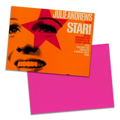 Photo of a 11” x 8.5” notebook cover made from an upcycled Julie Andrews "Star! (Original Motion Picture Sound Track Album)!" album sleeve and the back cover with coral cardstock on a transparent background.