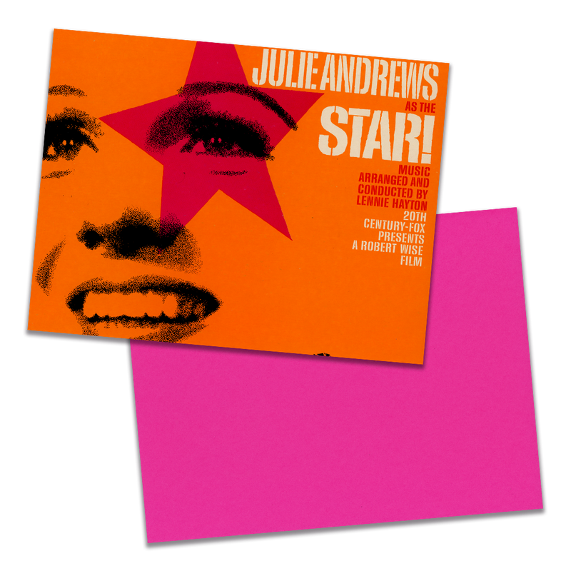 Photo of a 11” x 8.5” notebook cover made from an upcycled Julie Andrews "Star! (Original Motion Picture Sound Track Album)!" album sleeve and the back cover with coral cardstock on a transparent background.