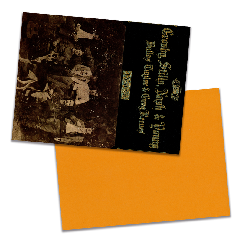 Photo of a 11” x 8.5” notebook cover made from an upcycled Crosby, Stills, Nash & Young "Déjà Vu" album sleeve and the back cover with coral cardstock on a transparent background.