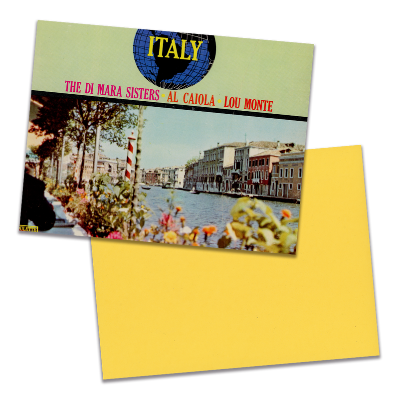 Photo of a 11” x 8.5” notebook cover made from an upcycled The Di Mara Sisters, Al Caiola, Lou Monte "The Magic World Of Italy" album sleeve and the back cover with yellow cardstock on a transparent background.