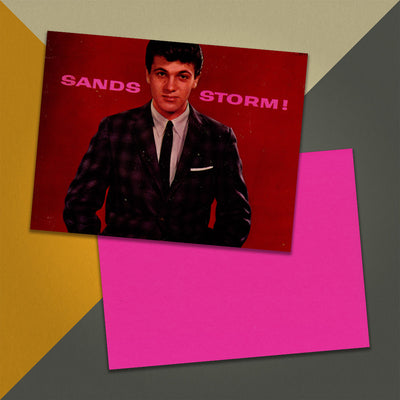 Photo of a 11” x 8.5” notebook cover made from an upcycled Tommy Sands "Sands Storm" album sleeve and the back cover with bright pink cardstock on an orange, cream and grey background.