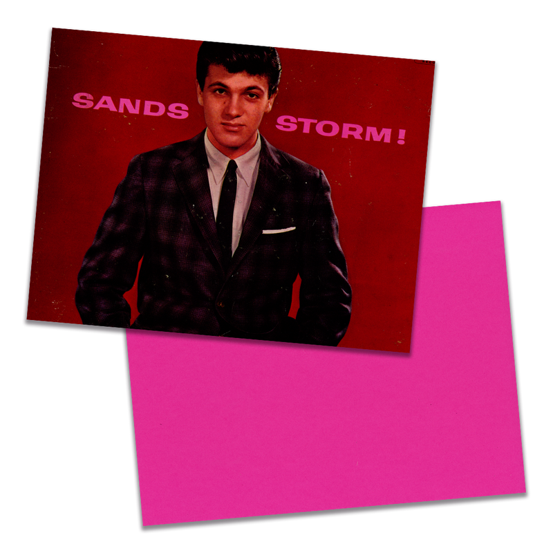 Photo of a 11” x 8.5” notebook cover made from an upcycled Tommy Sands "Sands Storm" album sleeve and the back cover with bright pink cardstock on a transparent background.