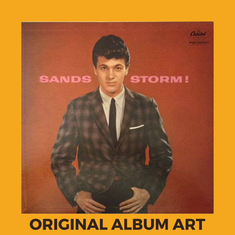 Photo of the cover of the Tommy Sands "Sands Storm" album sleeve with the text "Original Album Art" on an orange border around the photo.