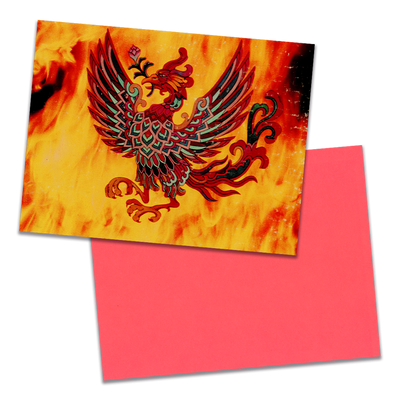 Photo of a 11” x 8.5” notebook cover made from an upcycled Grand Funk "Phoenix" album sleeve and the back cover with coral cardstock on a transparent background.