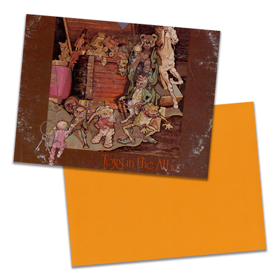 Photo of a 11” x 8.5” notebook cover made from an upcycled Aerosmith "Toys in the Attic" album sleeve and the back cover with orange cardstock on a transparent background.