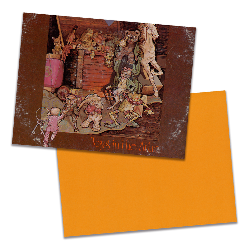 Photo of a 11” x 8.5” notebook cover made from an upcycled Aerosmith "Toys in the Attic" album sleeve and the back cover with orange cardstock on a transparent background.