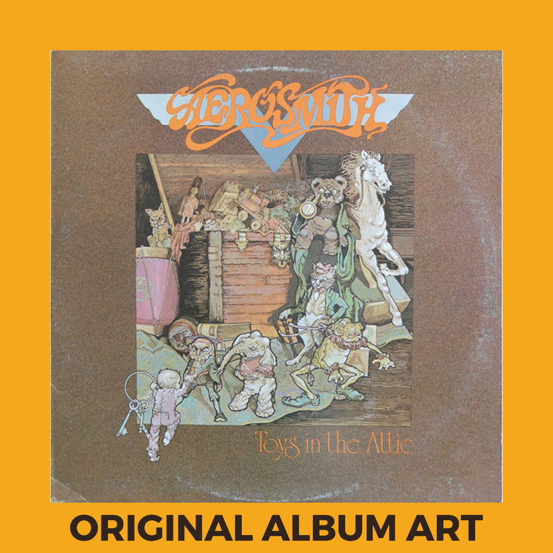 Photo of the cover of the Aerosmith "Toys in the Attic" album sleeve with the text "Original Album Art" on an orange border around the photo.