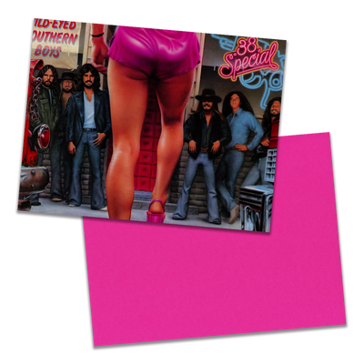 Photo of a 11” x 8.5” notebook cover made from an upcycled .38 Special "Wild-Eyed Southern Boys" album sleeve and the back cover with bright pink cardstock on a transparent background.