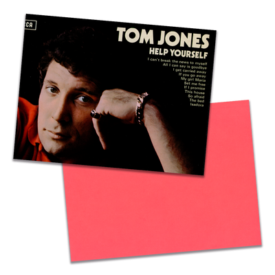 Photo of a 11” x 8.5” notebook cover made from an upcycled Tom Jones "Help Yourself" album sleeve and the back cover with coral cardstock on a transparent background.