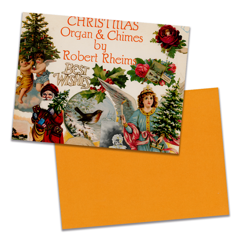 Photo of a 11” x 8.5” notebook cover made from an upcycled Robert Rheims "Christmas Organ & Chimes By Robert Rheims" album sleeve and the back cover with orange cardstock on a transparent background.