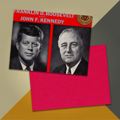 Photo of a 11” x 8.5” notebook cover made from an upcycled "Actual Speeches Of Franklin D. Roosevelt And John F. Kennedy" album sleeve and the back cover with red cardstock on an orange, cream and grey background.