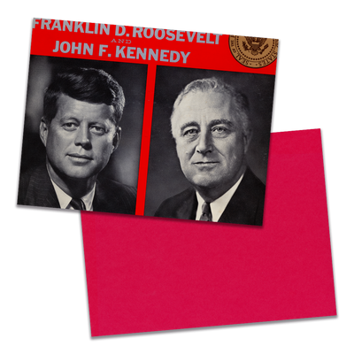 Photo of a 11” x 8.5” notebook cover made from an upcycled "Actual Speeches Of Franklin D. Roosevelt And John F. Kennedy" album sleeve and the back cover with red cardstock on a transparent background.