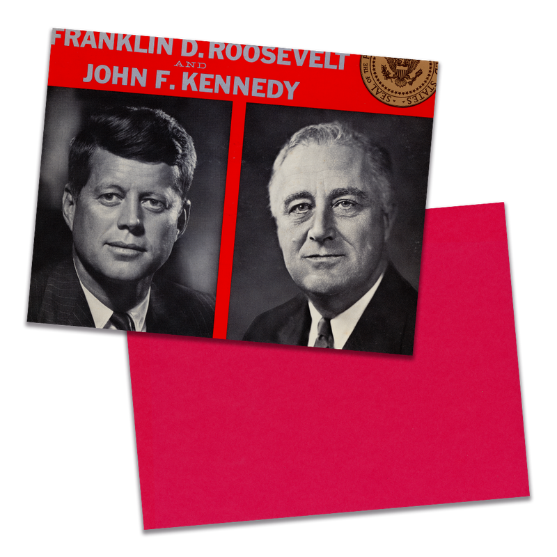 Photo of a 11” x 8.5” notebook cover made from an upcycled "Actual Speeches Of Franklin D. Roosevelt And John F. Kennedy" album sleeve and the back cover with red cardstock on a transparent background.