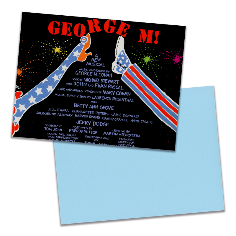 Photo of a 11” x 8.5” notebook cover made from an upcycledJoel Grey "George M!" album sleeve and the back cover with light blue cardstock on a transparent background.