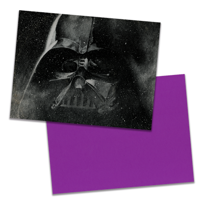 Photo of a 11” x 8.5” notebook cover made from an upcycledJohn Williams & the London Symphony Orchestra "Star Wars" album sleeve and the back cover with purple cardstock on a transparent background.