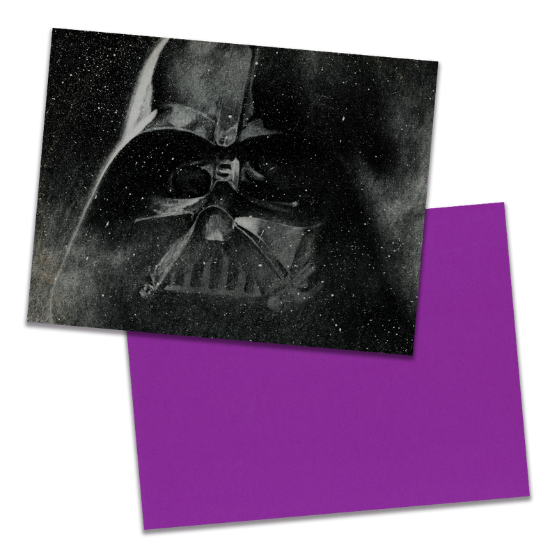 Photo of a 11” x 8.5” notebook cover made from an upcycledJohn Williams & the London Symphony Orchestra "Star Wars" album sleeve and the back cover with purple cardstock on a transparent background.