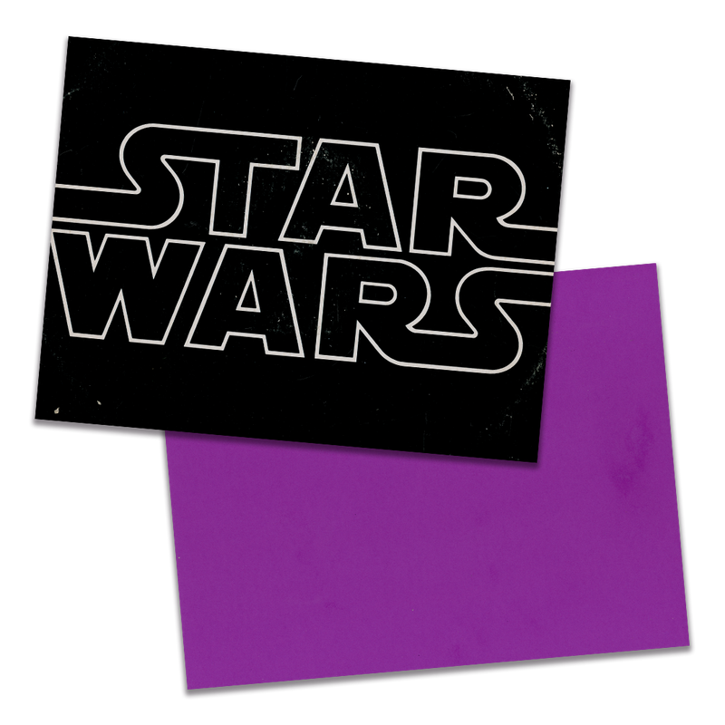 Photo of a 11” x 8.5” notebook cover made from an upcycled John Williams,The London Symphony Orchestra “Star Wars” album sleeve and the back cover with purple cardstock on a transparent background.