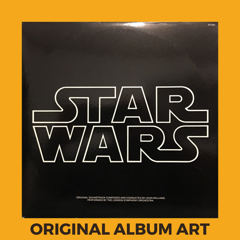 Photo of the cover of the John Williams,The London Symphony Orchestra “Star Wars” album sleeve with thetext “Original Album Art” on an orange border around the photo.