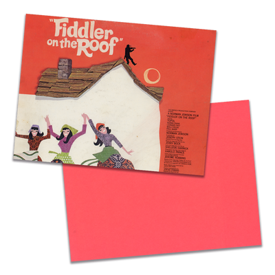 Photo of a 11” x 8.5” notebook cover made from an upcycled John Williams / Isaac Stern “Fiddler On The Roof (Original Motion Picture Soundtrack)” album sleeve and the back cover with coral cardstock on a transparent background.