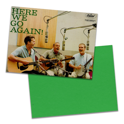 Photo of a 11” x 8.5” notebook cover made from an upcycled The Kingston Trio “Here We Go Again!” album sleeve and the back cover with green cardstock on a transparent background.