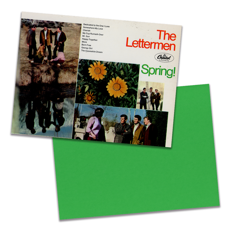 Photo of a 11” x 8.5” notebook cover made from an upcycled The Lettermen “Spring!” album sleeve and the back cover with green cardstock on a transparent background.