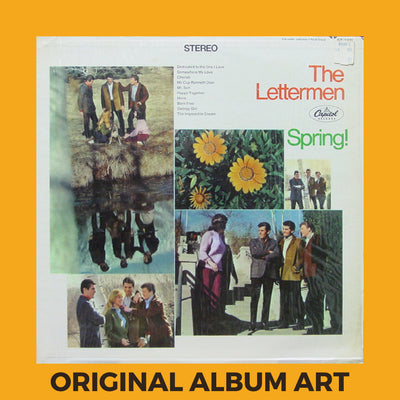 Photo of the cover of the The Lettermen “Spring!” album sleeve with the text “Original Album Art” on an orange border around the photo.