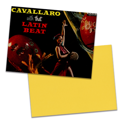 Photo of a 11” x 8.5” notebook cover made from an upcycled Carmen Cavallaro “Cavallaro With That Latin Beat” album sleeve and the back cover with yellow cardstock on a transparent background.