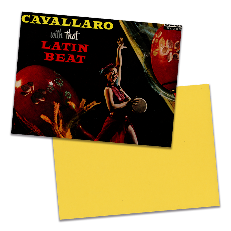 Photo of a 11” x 8.5” notebook cover made from an upcycled Carmen Cavallaro “Cavallaro With That Latin Beat” album sleeve and the back cover with yellow cardstock on a transparent background.