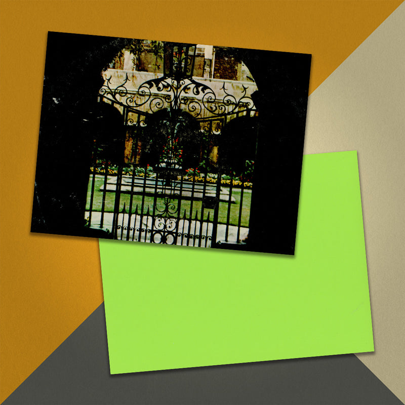 Photo of a 11” x 8.5” notebook cover made from an upcycled The London Philharmonic Orchestra, Sir Adrian Boult / Tchaikovsky, Bedřich Smetana, Dvorak “A Golden Treasury Of Concert Favorites Vol. 4” album sleeve and the back cover with lime green cardstock on an orange, cream and grey background.