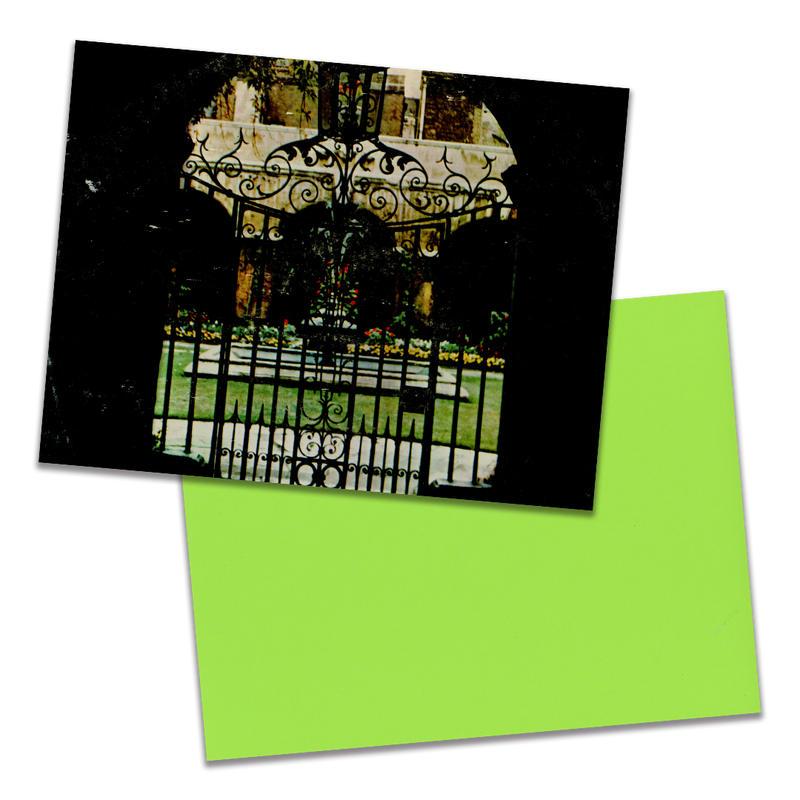 Photo of a 11” x 8.5” notebook cover made from an upcycled The London Philharmonic Orchestra, Sir Adrian Boult / Tchaikovsky, Bedřich Smetana, Dvorak “A Golden Treasury Of Concert Favorites Vol. 4” album sleeve and the back cover with lime green cardstock on a transparent background.